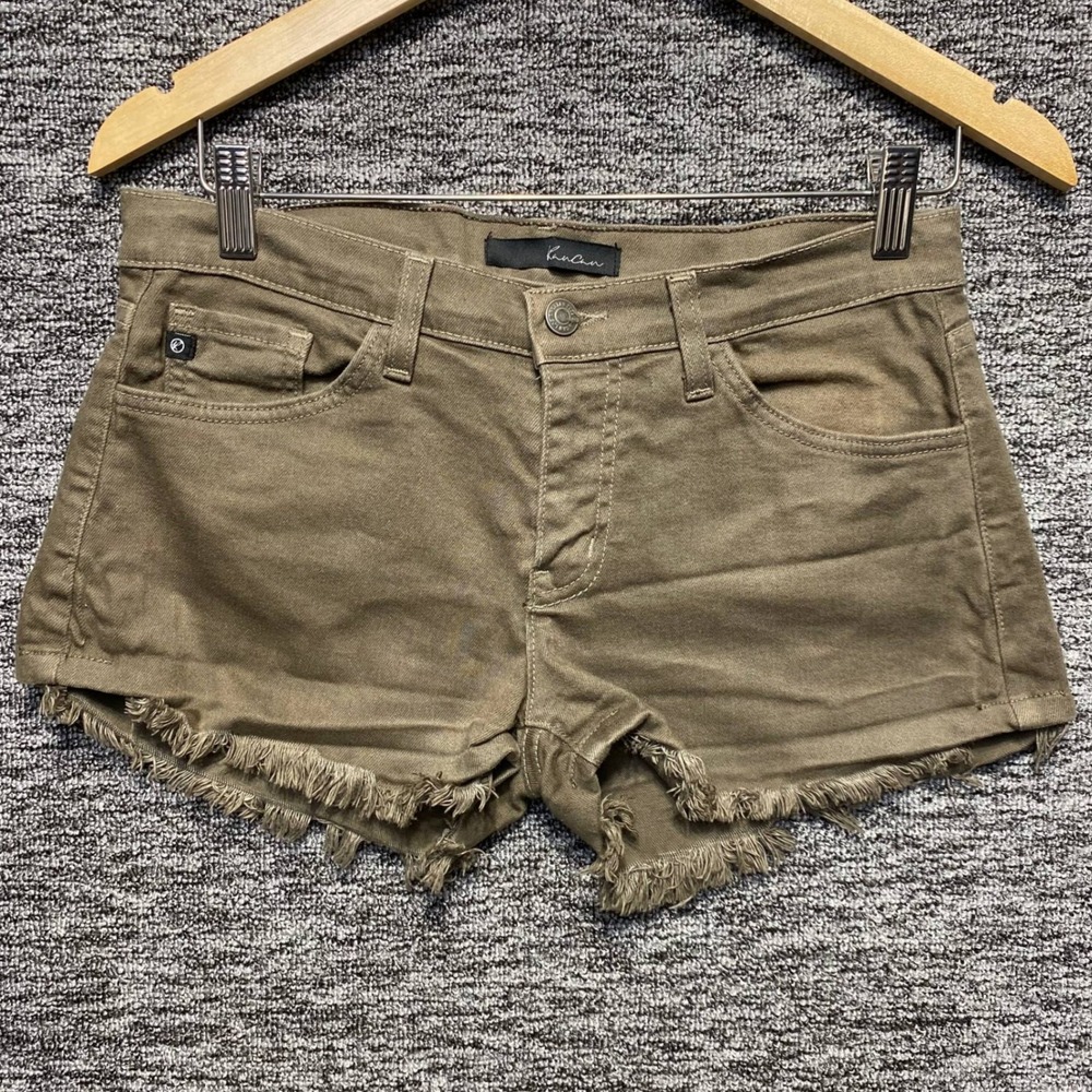 Kancan Shorts Womens 28 Olive Green Fringe Raw Hem Denim USA Made BK1115 Cutoff